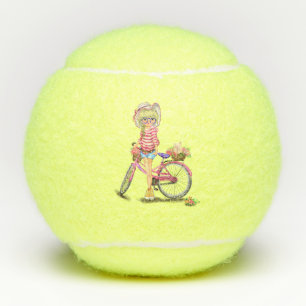 Blonde Girl Tennis-zalen met roze bike Tennisballen