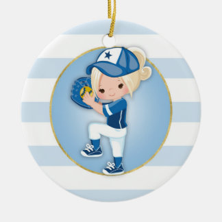 Blonde Girls Blue Softball Keramisch Ornament