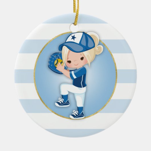 Blonde Girls Blue Softball Keramisch Ornament (Voorkant)