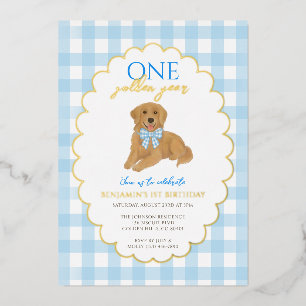 Blonde Goud Retriever Puppy Pawty 1e Verjaardag Folie Uitnodiging