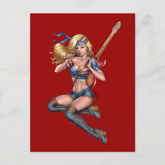 Blonde Guitar Player met Amerikaanse vlag van Al R Briefkaart (Voorkant)