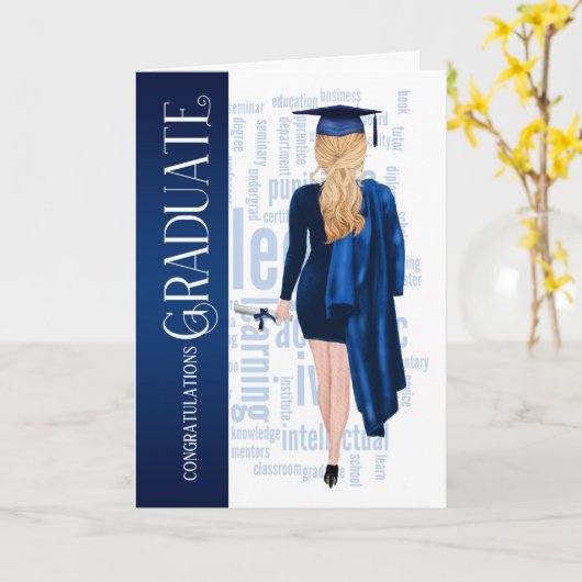 Blonde Hair Blue Pet en Vrouw van gans Afstuderen Kaart (Gele Bloem)