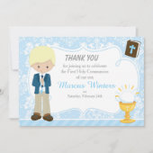 Blonde Hair Boy Eerste Communie Damast Bedankkaart (Voorkant)