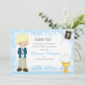 Blonde Hair Boy Eerste Communie Damast Bedankkaart (Staand voorkant)