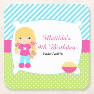 Blonde Hair Girl Sleepover Slumber Party Kartonnen Onderzetters