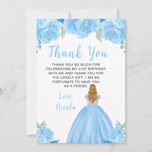 Blonde Hair Princess Blue Floral Birthday Party Bedankkaart (Voorkant)