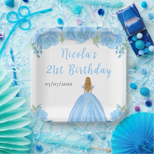 Blonde Hair Princess Blue Floral Birthday Party Papieren Bordje (Feest)