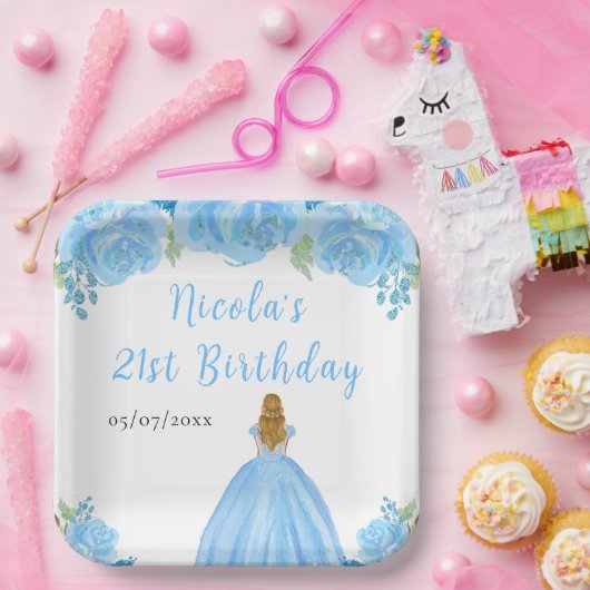 Blonde Hair Princess Blue Floral Birthday Party Papieren Bordje (Feest)