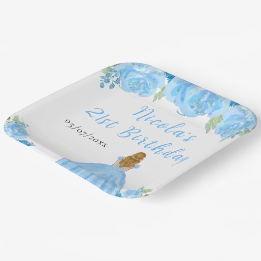 Blonde Hair Princess Blue Floral Birthday Party Papieren Bordje (Gebogen)