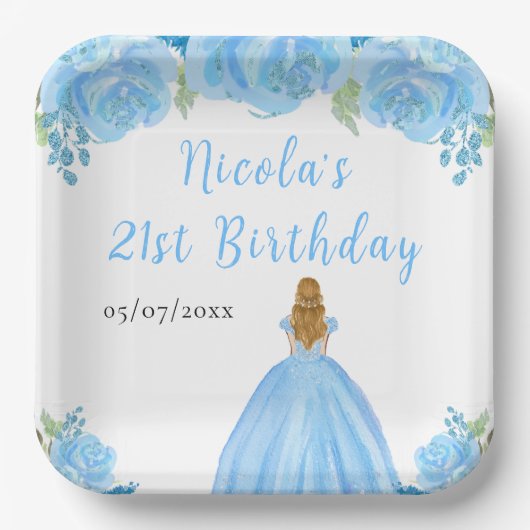 Blonde Hair Princess Blue Floral Birthday Party Papieren Bordje (Voorkant)