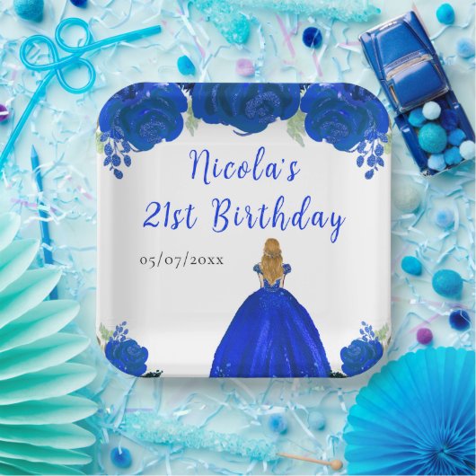 Blonde Hair Princess Blue Floral Birthday Party Papieren Bordje (Feest)