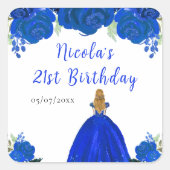 Blonde Hair Princess Blue Floral Birthday Party Vierkante Sticker (Voorkant)