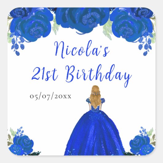 Blonde Hair Princess Blue Floral Birthday Party Vierkante Sticker (Voorkant)