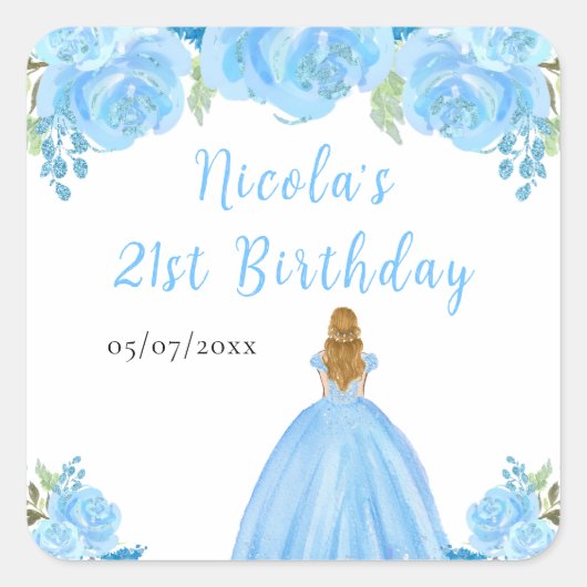 Blonde Hair Princess Blue Floral Birthday Party Vierkante Sticker (Voorkant)