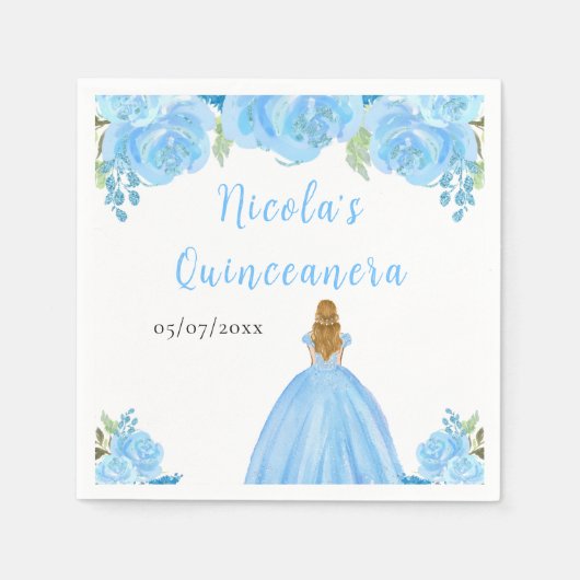 Blonde Hair Princess Blue Floral Quinceanera Servet (Voorkant)