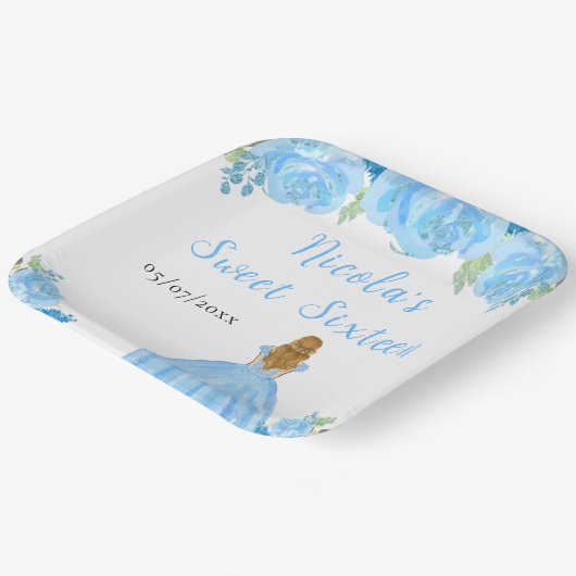 Blonde Hair Princess Blue Floral Sweet Sixteen  Papieren Bordje (Gebogen)