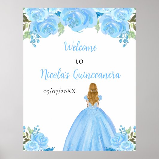 Blonde Hair Princess Blue Quinceanera Welcome Poster (Voorkant)