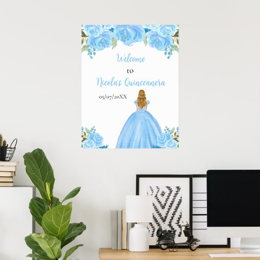 Blonde Hair Princess Blue Quinceanera Welcome Poster (Thuiskantoor)