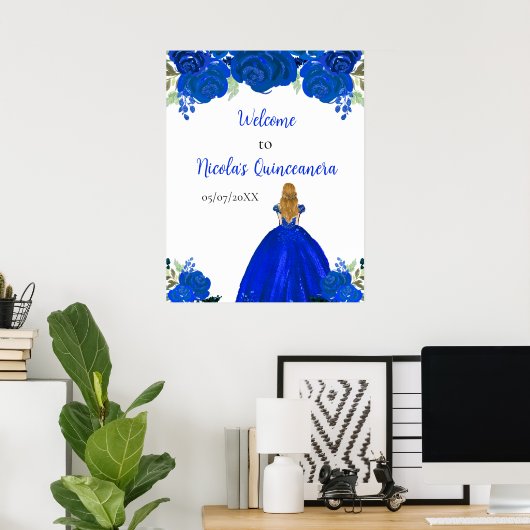 Blonde Hair Princess Blue Quinceanera Welcome Poster (Thuiskantoor)