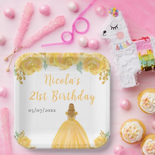 Blonde Hair Princess Gold Floral Birthday Party Papieren Bordje (Feest)
