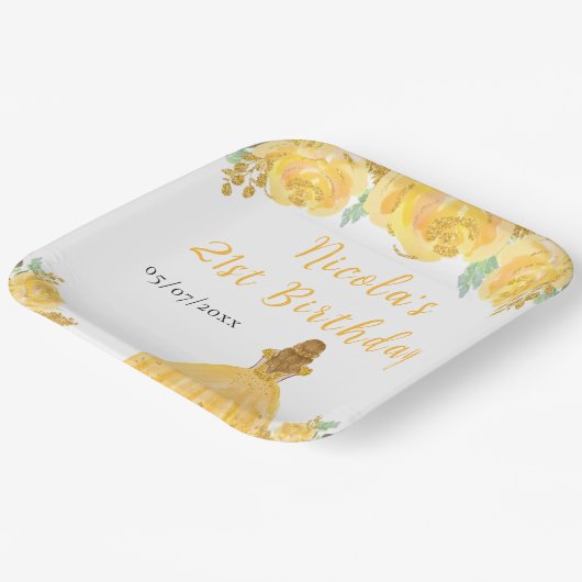 Blonde Hair Princess Gold Floral Birthday Party Papieren Bordje (Gebogen)