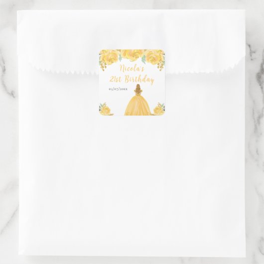 Blonde Hair Princess Gold Floral Birthday Party Vierkante Sticker (Tas)