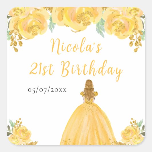 Blonde Hair Princess Gold Floral Birthday Party Vierkante Sticker (Voorkant)