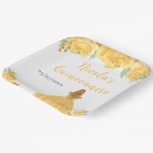 Blonde Hair Princess Gold Floral Quinceanera Papieren Bordje (Gebogen)