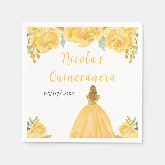 Blonde Hair Princess Gold Floral Quinceanera Servet (Voorkant)