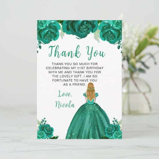 Blonde Hair Princess Green Floral Birthday Party Bedankkaart (Staand voorkant)