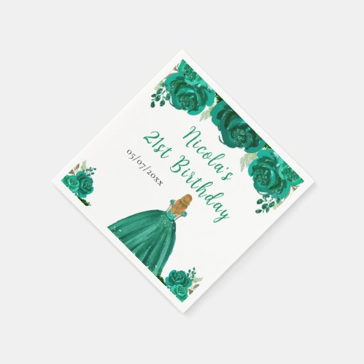 Blonde Hair Princess Green Floral Birthday Party Servet (Hoek)