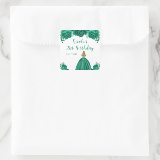 Blonde Hair Princess Green Floral Birthday Party Vierkante Sticker (Tas)