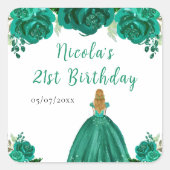 Blonde Hair Princess Green Floral Birthday Party Vierkante Sticker (Voorkant)