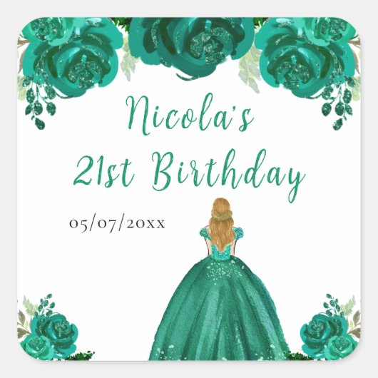 Blonde Hair Princess Green Floral Birthday Party Vierkante Sticker (Voorkant)