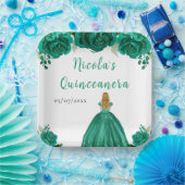 Blonde Hair Princess Green Floral Quinceanera Papieren Bordje (Feest)