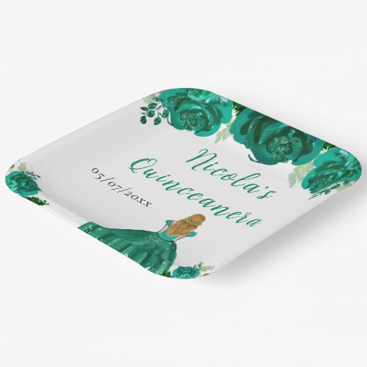 Blonde Hair Princess Green Floral Quinceanera Papieren Bordje (Gebogen)