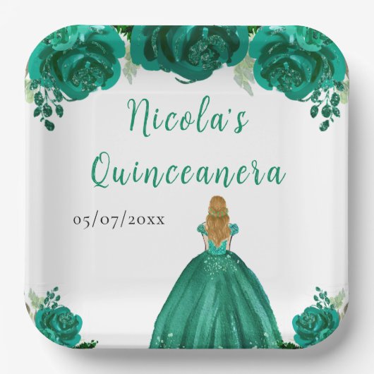 Blonde Hair Princess Green Floral Quinceanera Papieren Bordje (Voorkant)