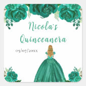 Blonde Hair Princess Green Floral Quinceanera Vierkante Sticker (Voorkant)