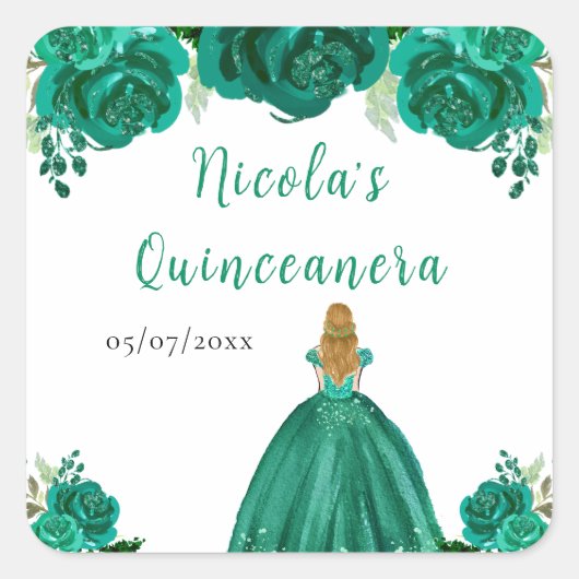Blonde Hair Princess Green Floral Quinceanera Vierkante Sticker (Voorkant)