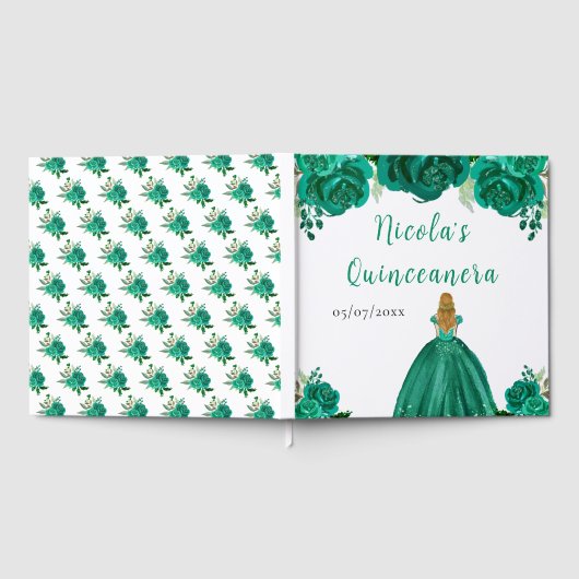 Blonde Hair Princess Green Quinceanera Guest Book Gastenboek (Volledig)