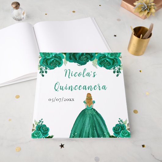 Blonde Hair Princess Green Quinceanera Guest Book Gastenboek (Voorkant open)