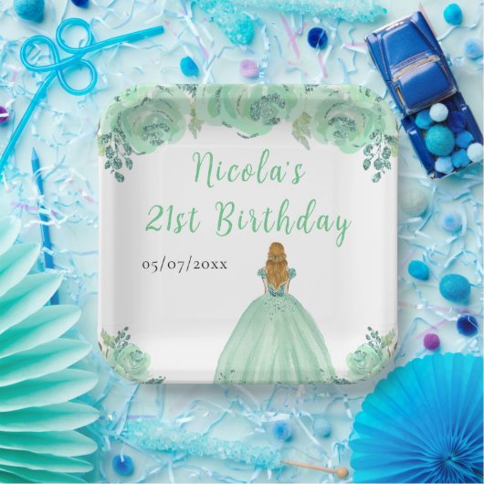 Blonde Hair Princess Mint Floral Birthday Party Papieren Bordje (Feest)