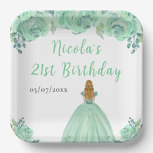 Blonde Hair Princess Mint Floral Birthday Party Papieren Bordje (Voorkant)