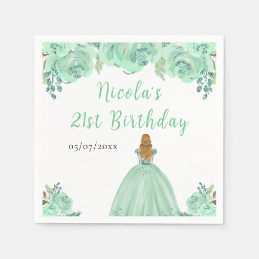 Blonde Hair Princess Mint Floral Birthday Party Servet (Voorkant)