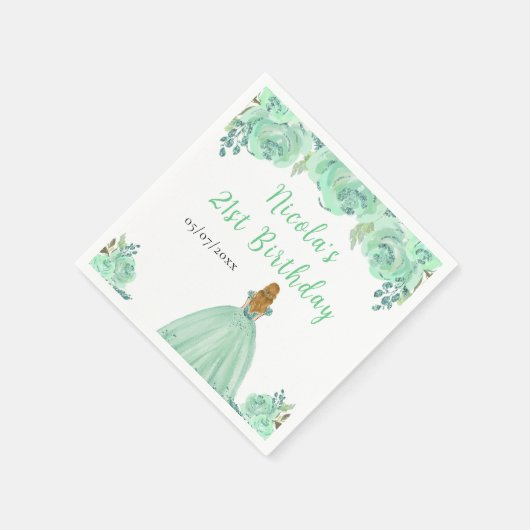 Blonde Hair Princess Mint Floral Birthday Party Servet (Hoek)