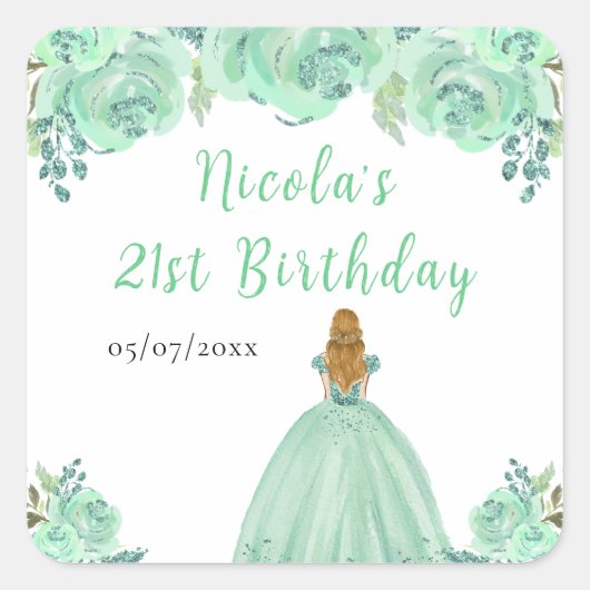 Blonde Hair Princess Mint Floral Birthday Party Vierkante Sticker (Voorkant)
