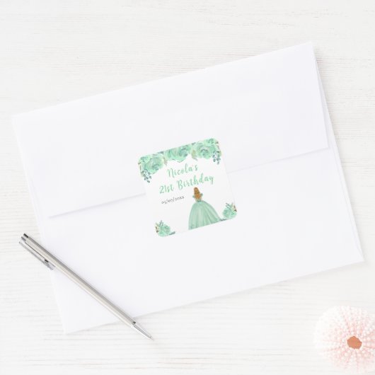 Blonde Hair Princess Mint Floral Birthday Party Vierkante Sticker (Envelop)