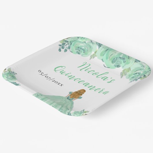 Blonde Hair Princess Mint Floral Quinceanera Papieren Bordje (Gebogen)