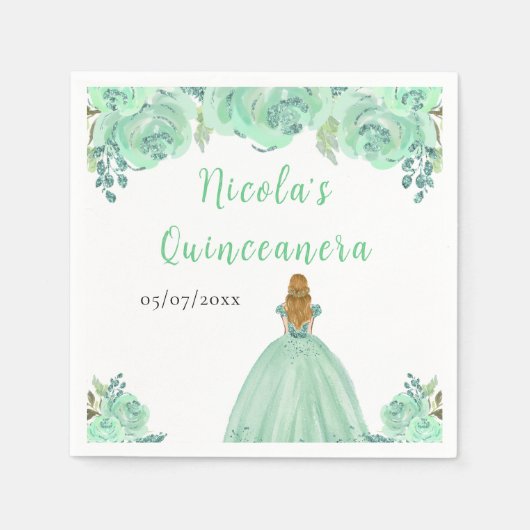 Blonde Hair Princess Mint Floral Quinceanera Servet (Voorkant)