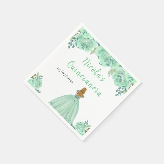 Blonde Hair Princess Mint Floral Quinceanera Servet (Hoek)
